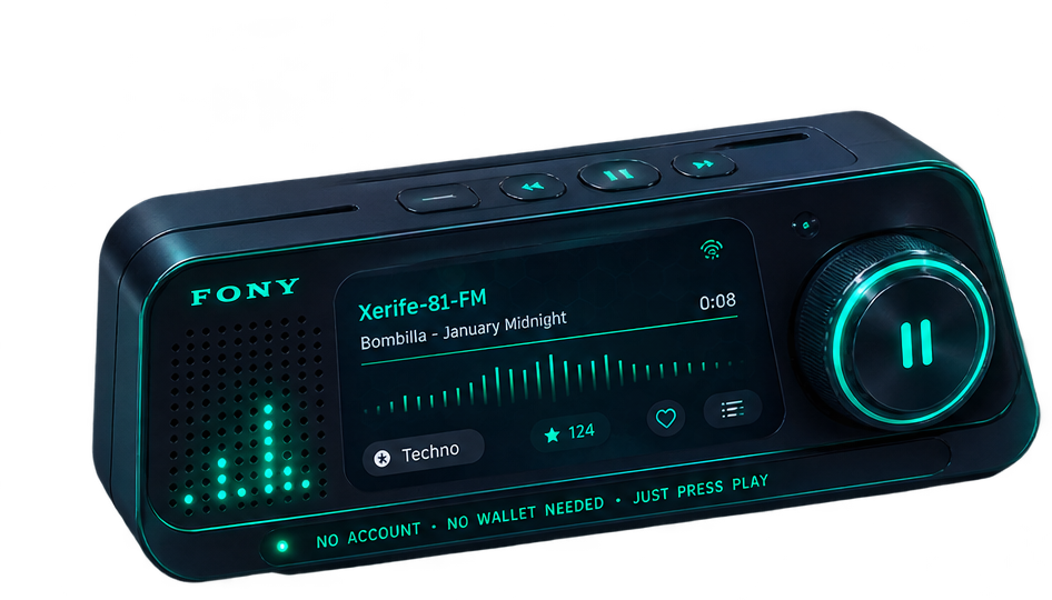 FONY player interface streaming Xerife-81-FM, a Techno station, with no account or wallet required