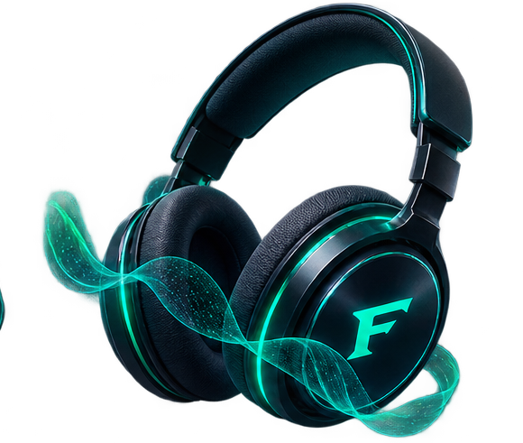 Headphones with a glowing FONY F logo and sound waves