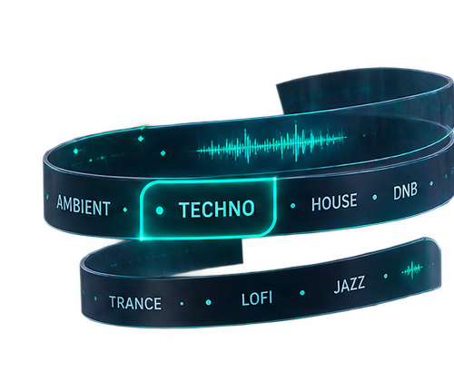 Ribbon of genres including Ambient, Techno, House, DNB, Trance, Lofi and Jazz